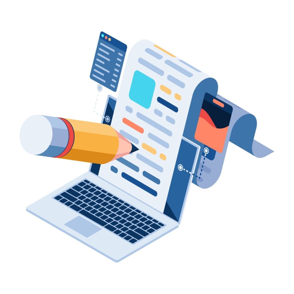 Isometric illustration of writing a blog post