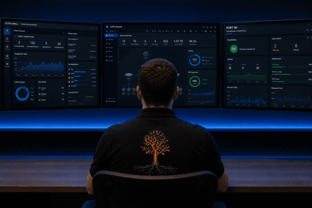 Network operations dashboard showing monitored devices and network health