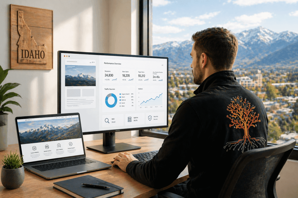 Technician working at a multi monitor workstation