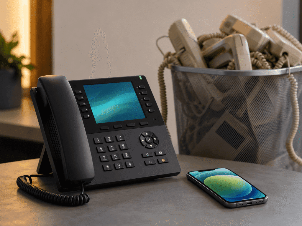 Old desk phone beside a modern cloud VoIP phone system