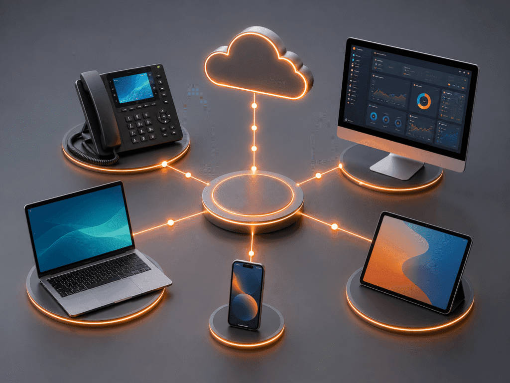 Desk phone, mobile and desktop app connected on one phone system