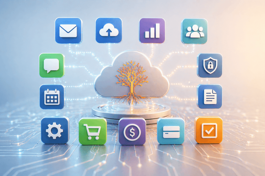 Cloud based business software and SaaS tools on a laptop