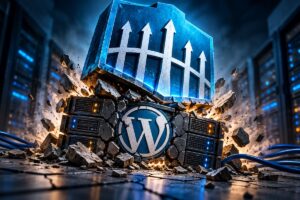 A Wordfence shield crushing a rack of WordPress servers, illustrating a Wordfence scan slowing down a server